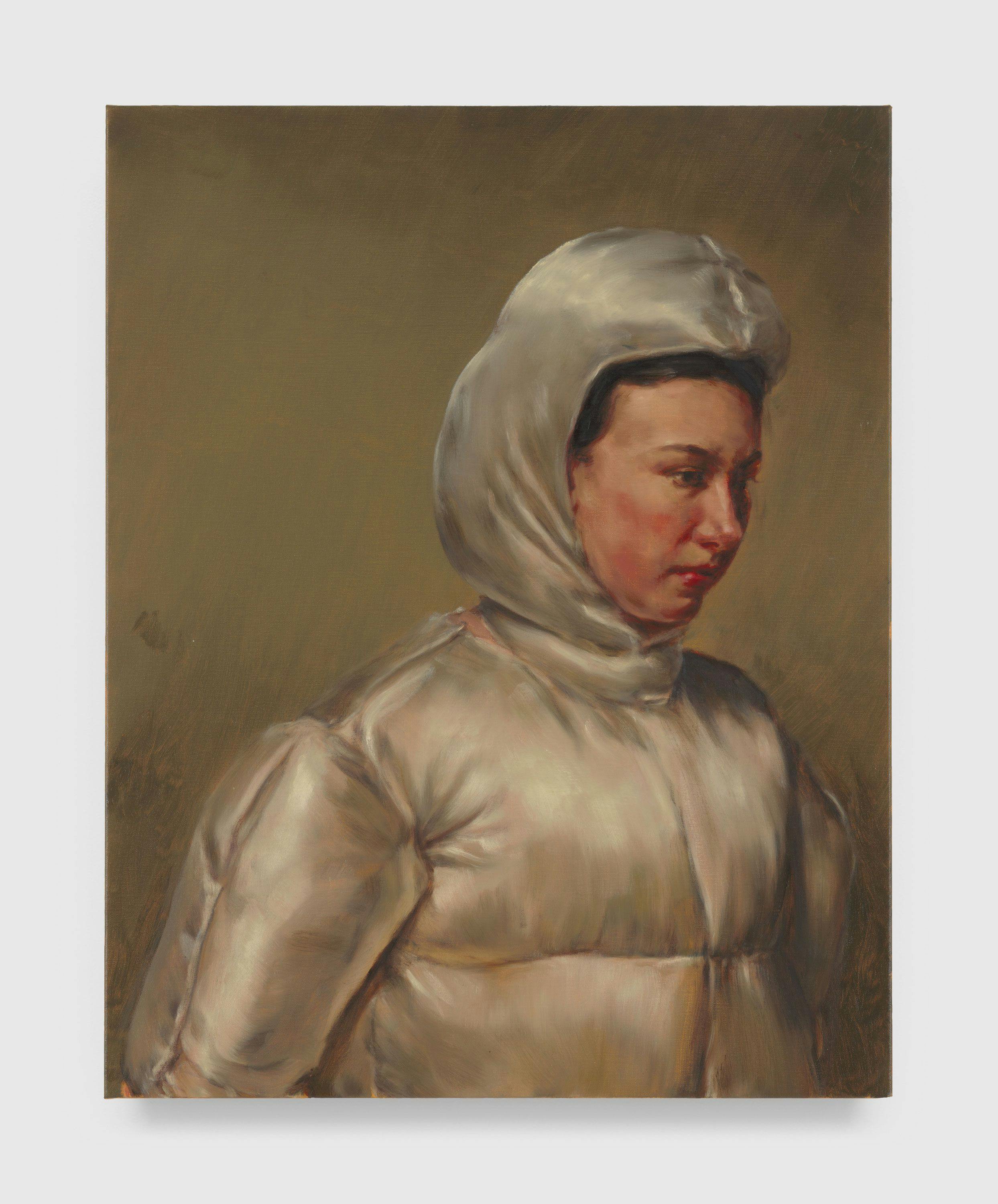 A painting by Michaël Borremans, titled The Commuter, dated 2021.